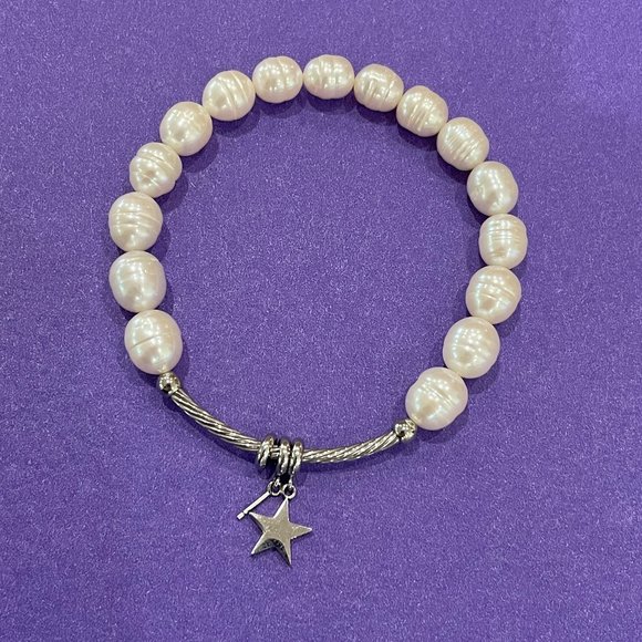none Jewelry - Freshwater Pearl Silver tone Stretch Charm Bracelet